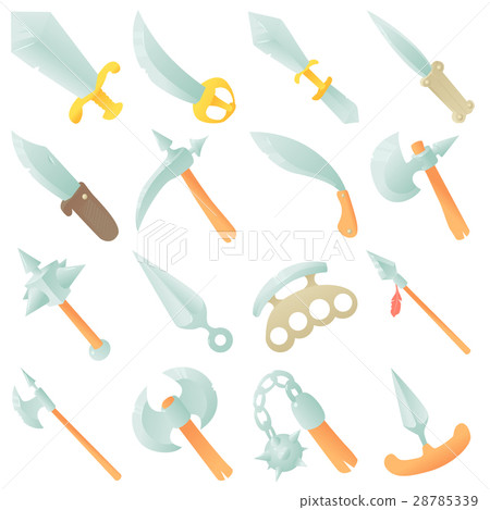 Steel arms items icons set, cartoon style Steel arms items icons set, cartoon style 28785339