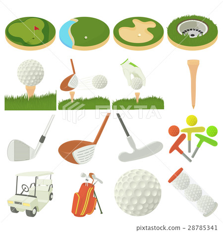 Golf items icons set, cartoon style Golf items icons set, cartoon style 28785341
