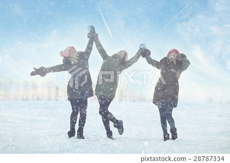 group of girls winter nature fun jump group of girls winter nature fun jump 28787334