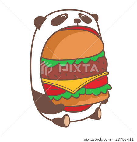 Hungry Kawaii Panda Eating Huge Burger Stock Illustration