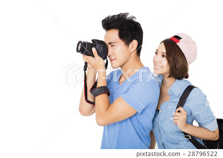 happy young couple Tourists taking photo happy young couple Tourists taking photo 28796522