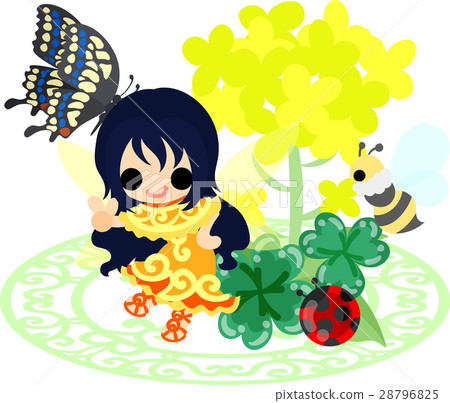 Cute fairies and beautiful rape flowers, butterflies and bees and ladybugs and clovers 28796825
