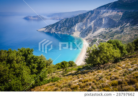 Aerial View of beautiful Myrtos Bay and Beach on Aerial View of beautiful Myrtos Bay and Beach on 28797662