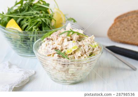 Chicken salad and rucola in glass bowls 28798536