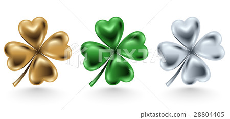Golden, green silver clover leaf isolated on white 28804405