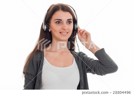 beautiful young girl in gray jacket and headphones beautiful young girl in gray jacket and headphones 28804496