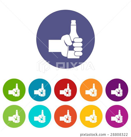 Hand holding bottle of beer set icons 28808322