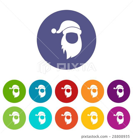 Cap with pompon of Santa Claus and beard set icons Cap with pompon of Santa Claus and beard set icons 28808935