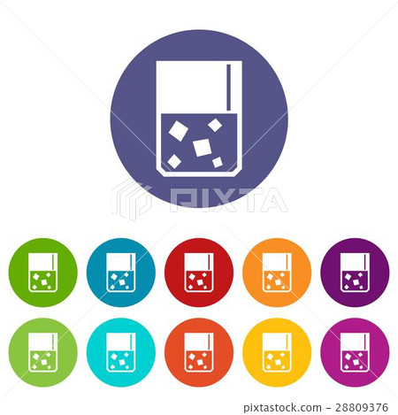 Glass of whiskey and ice set icons 28809376