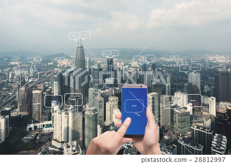 Blank space for text on city and bubble chat Blank space for text on city and bubble chat 28812997