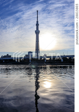 從隅田川大陽台觀看的東京天空樹在日出 28813803