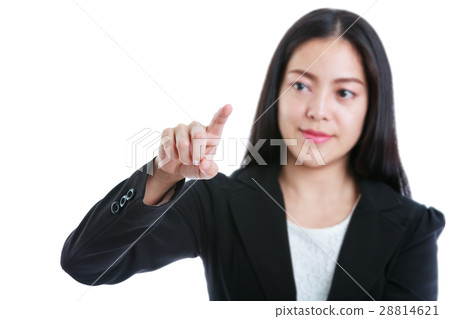 Woman touching at something, presenting on white Woman touching at something, presenting on white 28814621