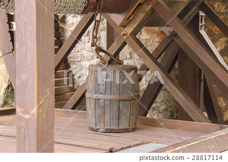 Old style wooden well with bucket. Ukraine 28817114