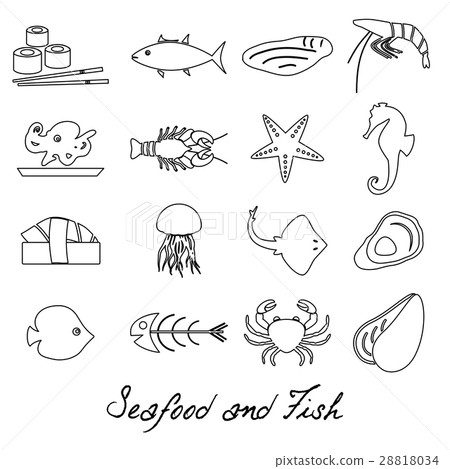 seafood and fish food set of simple outline icons seafood and fish food set of simple outline icons 28818034