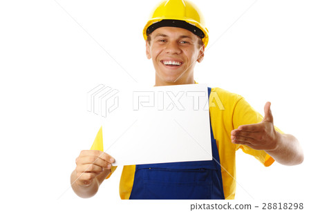 Happy young worker showing blank message and smile Happy young worker showing blank message and smile 28818298