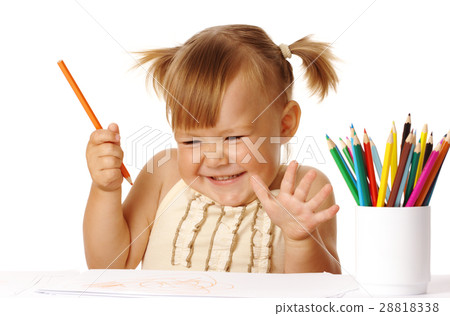 Happy child play with color pencils and smile Happy child play with color pencils and smile 28818338