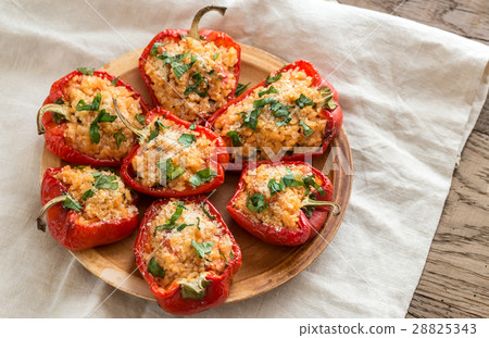 Stuffed red bell peppers with rice and cheese 28825343