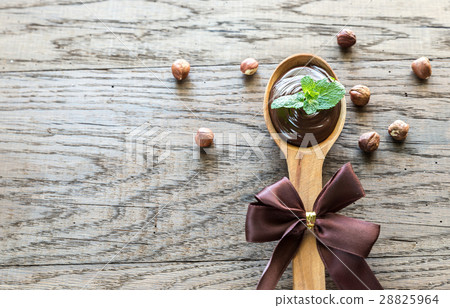 Wooden spoon of chocolate cream with fresh mint 28825964