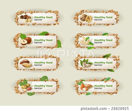 Set banners with different kinds of nuts. 28828925