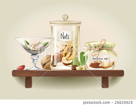 Nuts in glass jars on wooden shelf Nuts in glass jars on wooden shelf 28828928