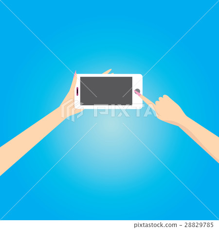 Hand holding white smart phone on blue background. - Stock Illustration ...