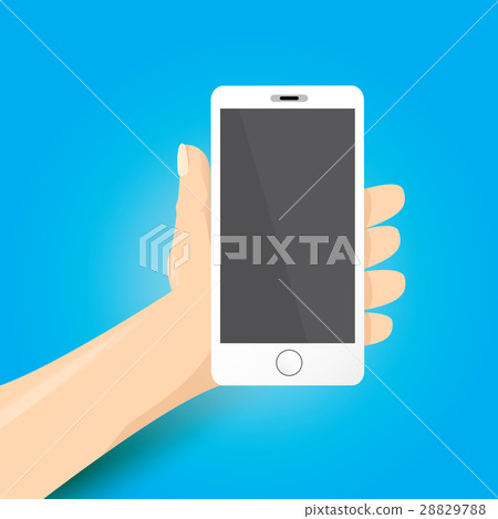 Hand holding white smart phone on blue background. - Stock Illustration ...