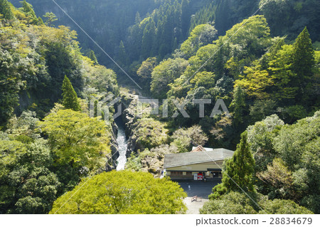 Walking through the promenade where you can enjoy the column-like constrained canyon created by the erosion of the Aso lavas of Takachiho Gorge Street taken from the sky Walking through the promenade where you can enjoy the column-like constrained canyon created by the erosion of the Aso lavas of Takachiho Gorge Street taken from the sky 28834679