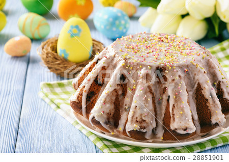 Easter cake on easter festive table. Copy space. 28851901