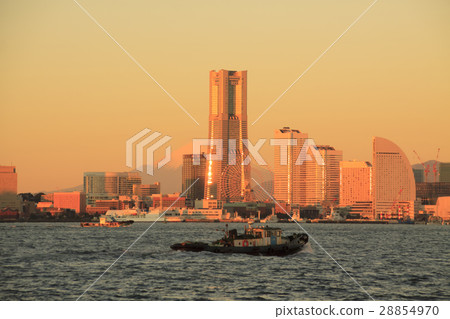 Fuji in the morning glow and the landmark tower 28854970