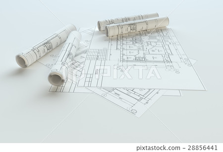 Rolled House Blueprints On Gray Background 28856441