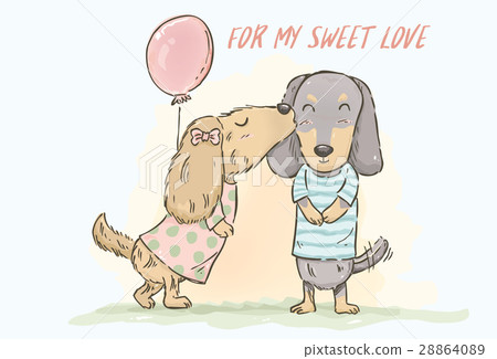 Cute cartoon Dachshund kissing her boyfriend - Stock Illustration  [28864089] - PIXTA