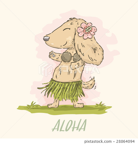 Hand drawn cute cartoon Dachshund in Hawaiian danc Hand drawn cute cartoon Dachshund in Hawaiian danc 28864094