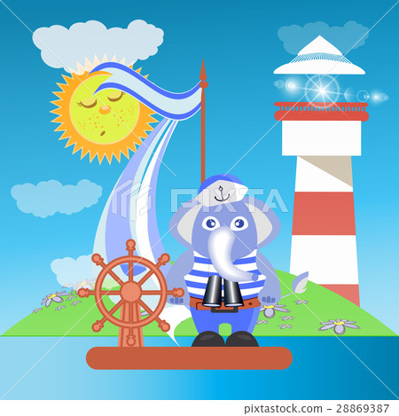 Elephant on the ship at sea with the lighthouse 28869387