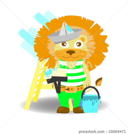 lion painter with brushes and paint bucket 28869471