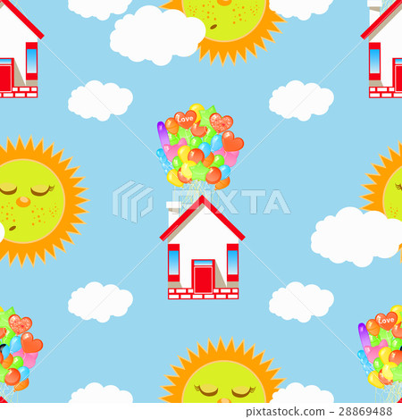 sleeping sun and house on a balloon with clouds. 28869488