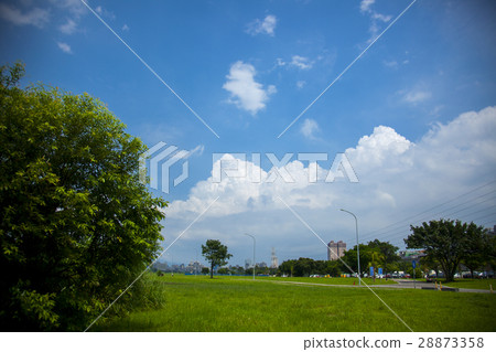 藍天白雲，草地，樹，Blue sky，white clouds,  tree,青い空、草、木、 28873358