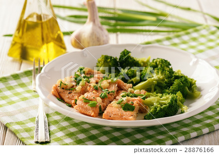 Baked salmon trout served with boiled broccoli. Baked salmon trout served with boiled broccoli. 28876166