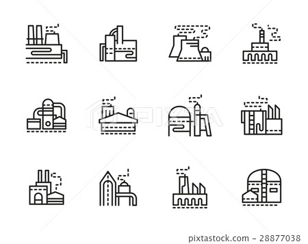 Industrial plants black line vector icons set - Stock Illustration ...