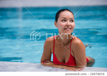 Beautiful Woman Swimming Pool At Resort Relaxed 28878658