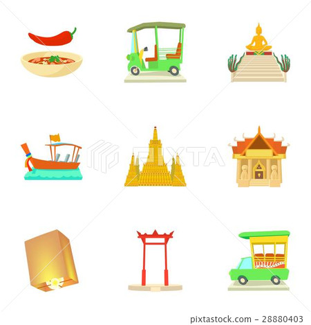 Attractions of Thailand icons set, cartoon style Attractions of Thailand icons set, cartoon style 28880403