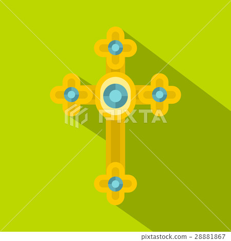 Golden cross with diamonds icon, flat style 28881867