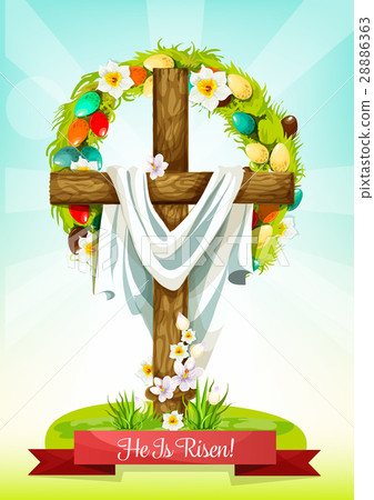 Easter Sunday cross with flower and egg wreath - Stock Illustration ...