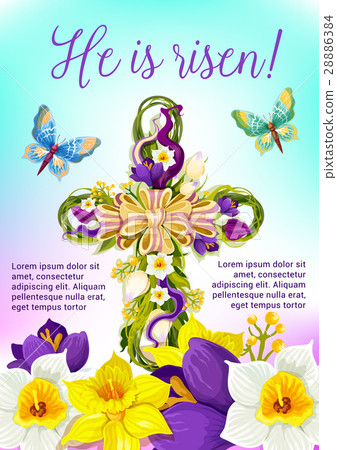 Easter cross with flowers and ribbon card design 28886384