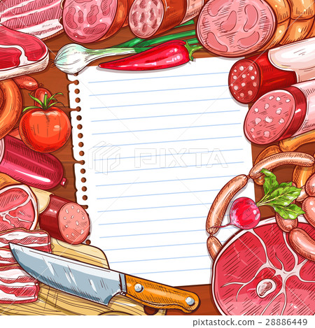 Meat and sausages with recipe or menu blank paper 28886449