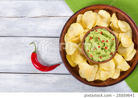 bowl of guacamole dip and potato chips bowl of guacamole dip and potato chips 28889641