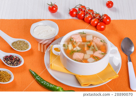 Salmon soup seasoned with dill in white bowl Salmon soup seasoned with dill in white bowl 28890070