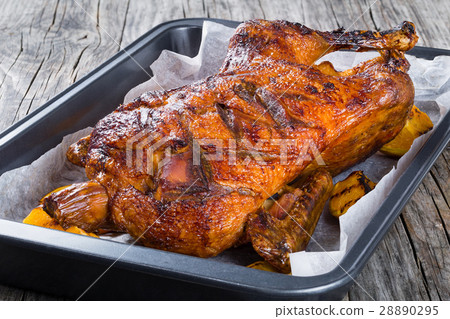 Roasted Whole Duck  in a baked dish, closeup 28890295
