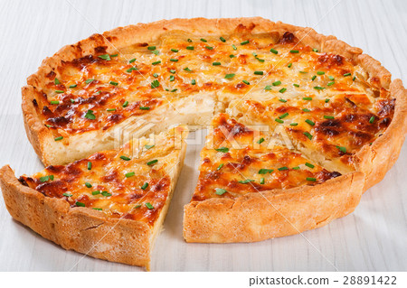 onion cheese quiche or tart, view from above onion cheese quiche or tart, view from above 28891422