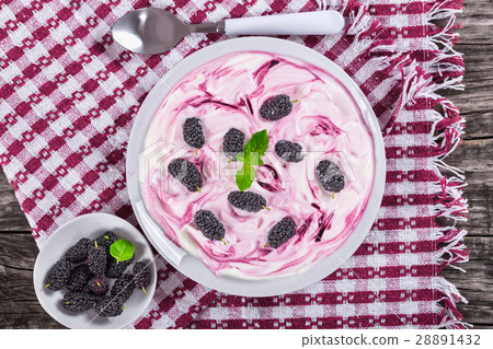 yogurt with mulberry and mint on plate yogurt with mulberry and mint on plate 28891432