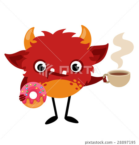 Cute Cartoon Monster with a cup of hot coffee Cute Cartoon Monster with a cup of hot coffee 28897195